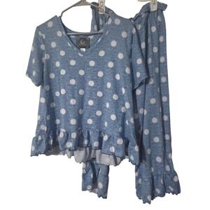 PJ Couture Polka Dot Pajama Set Top Pants Lounge Sleepwear XL Blue White Ruffle